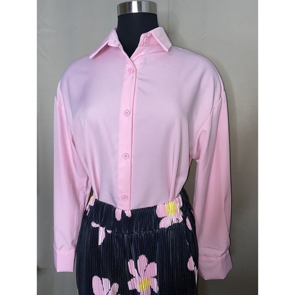 Women Pink Floral Flared Pleated High Waist Pants Co-Ord Set Medium to XL - Picture 2 of 9